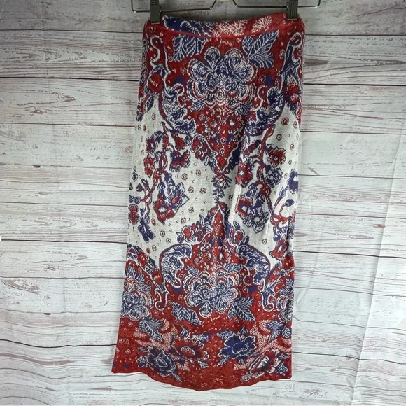PERUVIAN CONNECTION Red, Blue & Ivory  Knit Pima Cotton Skirt Paisley Sz S Boho - Picture 5 of 6